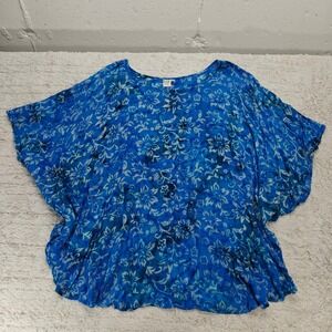 Hawaiian Floral Top Womens One Size Blue Flutter Sleeve Vacation Summer Beach